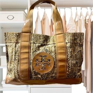 Tory Burch Women’s Snakeskin Canvas & Caramel Patent Leather Shoulder Tote